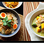 **A vibrant and engaging Thai food blog layout.** Focus on appetizing photos of popular Thai dishes like Pad Thai, Green Curry, and Mango Sticky Rice. The layout should incorporate traditional Thai design elements, such as floral patterns and warm color palettes, reflecting Thai culture. Include mock ads for local Thai food products or services.